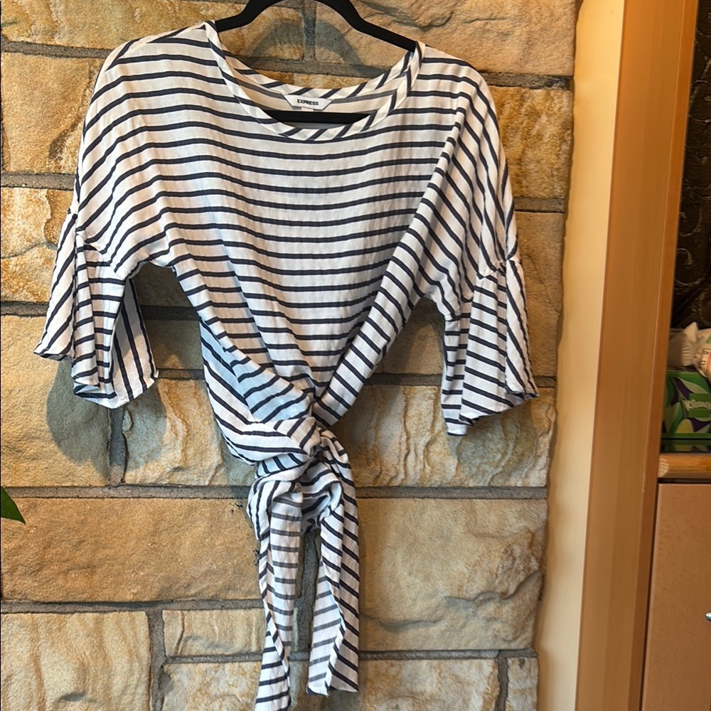 Express Blue and White Asymmetrical Tie-Front Blouse